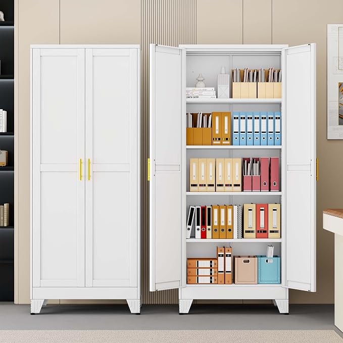 pozdeg 71" Tall Metal Storage Cabinet with 2 Doors & 4 Adjustable Shelves, Steel File Cabinet Multipurpose Organizer for Home Office Garage (White)