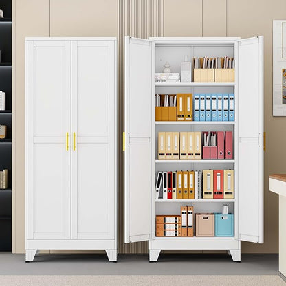 pozdeg 71" Tall Metal Storage Cabinet with 2 Doors & 4 Adjustable Shelves, Steel File Cabinet Multipurpose Organizer for Home Office Garage (White)
