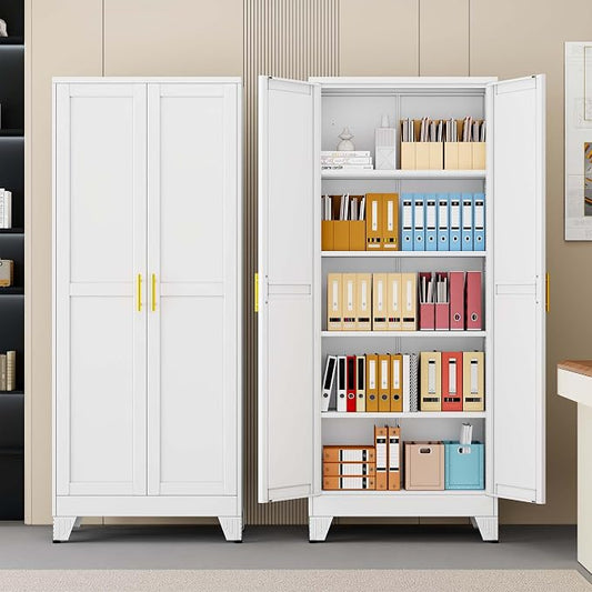pozdeg 71" Tall Metal Storage Cabinet with 2 Doors & 4 Adjustable Shelves, Steel File Cabinet Multipurpose Organizer for Home Office Garage (White)