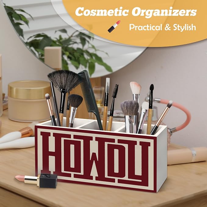 Retro Howdy Western Pen Holder Organizer for Desk Accessories, Western Gifts for Women Men, Neutral Minimalist Southwestern Wooden Box Sign Desk Decorations for Home Office Decor