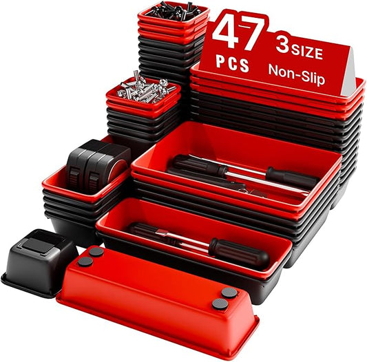 Toolbox Organizer Trays, Tool Chest Drawer Organizer with Non-Slip EVA Pads – 47pcs Red and Black Interlocking Trays for Workbench, Rolling Tool Cart, Garage