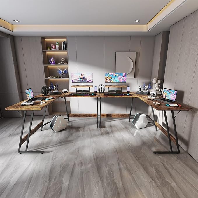 Homall L Shaped Gaming Desk Computer Corner Desk PC Gaming Desk Table with Large Monitor Riser Stand for Home Office Sturdy Writing Workstation (Classical Brown, 51 Inch)