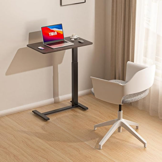 Ywin Medical Overbed Table with Wheels, Pneumatic Lift, Black Walnut | Rolling Bedside Table, Adjustable Height 27–43Inch, Mobile Portable Laptop Desk Perfect for Home Use, Patient Care, Office