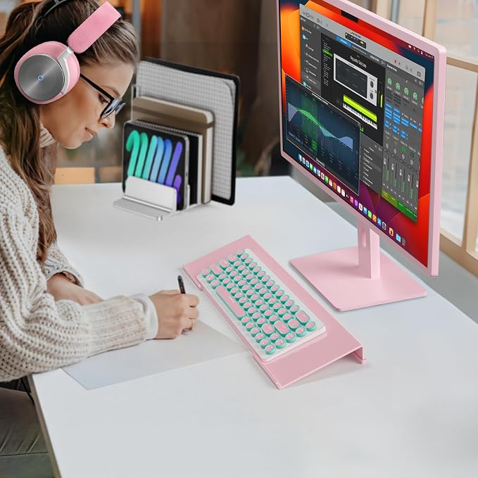 Ergonomic Computer Keyboard Stand - 17 Inch Pink Acrylic Keyboard Riser for Desk Tilted Keyboard Holder Tray with Non-Slip Strip for Home Office Easy Typing & Working
