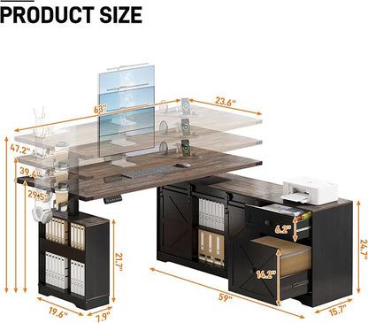 St.Mandyu 63" L Shaped Electric Standing Desk with File Drawer & Sliding Door, Height Adjustable Sit Stand Corner Computer Desk with Power Outlets, Drawers & Cup Holder for Home Office, Black
