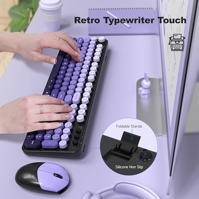 Wireless Keyboard and Mouse Combo, 2.4GHz Gradient Colorful Full-Size Retro Typewriter Keyboard with Wireless Mouse for PC/Desktop/Laptop/Windows (Black Purple)