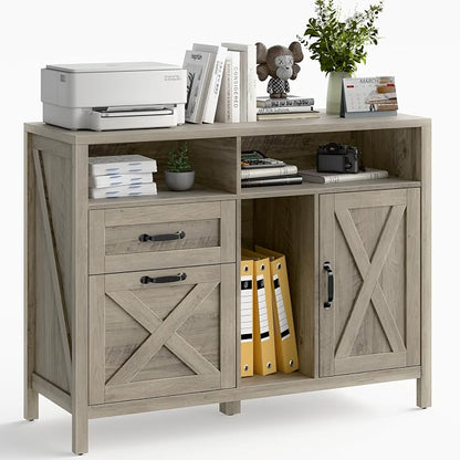 Vabches Lateral File Cabinet, Farmhouse 2 Drawer File Cabinet with Open Storage Shelf for Letter/Legal/A4 Size Hanging Files, Large Wood Storage Cabinets Printer Stand for Home Office, Rustic Grey