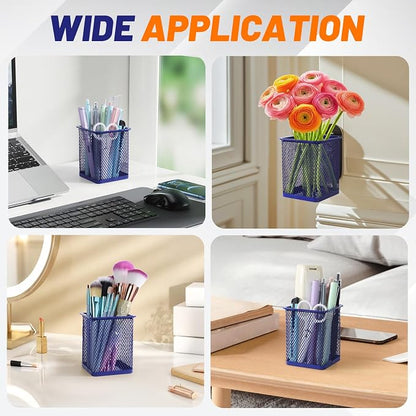 Segarty Pen Holder for Desk, 3 Pack Square Dark Blue Pen Cup Holder, Wire Mesh Pencil Container Set Desktop Organizer for Office Supplies, School, Home Table Accessories, Makeup Brush