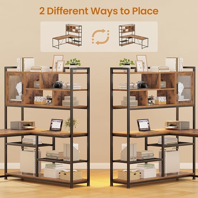 SEDETA L Shaped Computer Desk, 58'' Office Desk with LED Light and Bookshelf, L Shaped Corner Desk with Storage Shelves for Home Office, Gaming Desk, L Desk, Rustic Brown