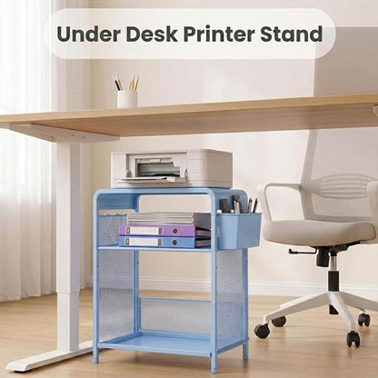 ECOLOVI 3 Tier Printer Stand for Under Desk, Height Adjustable Shelf Small Printer Table with 3 S-Hooks & Basket, Heavy Duty Industrial Storage Shelf for Home Office (Blue Metal)