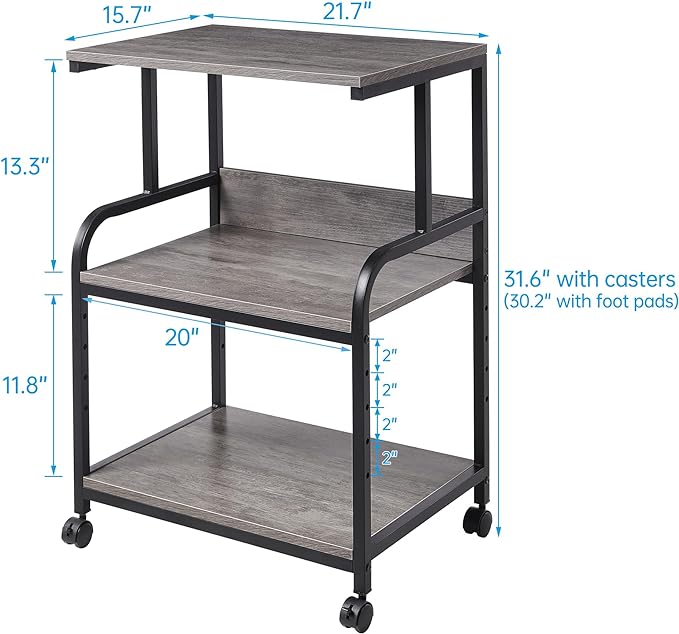 Fannova Printer Stand with Height Adjustable Storage Shelf, 3 Tier Mobile Printer Table with Wheels, Rolling Printer Cart for Home Office Organization, Gray
