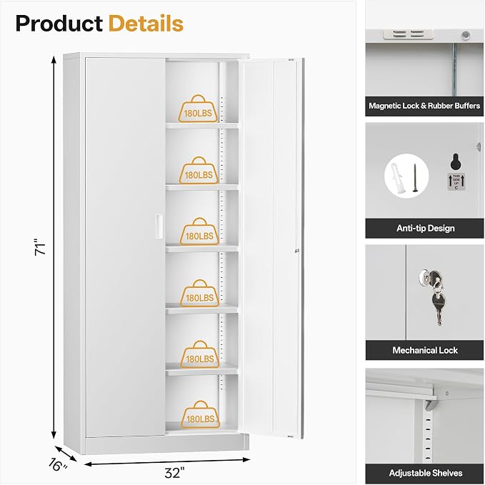 Metal Garage Storage Cabinets,71” Tall Metal File Cabinet with 5 Adjustable Shelves, Lockable Storage Cabinets for Office, Home, Garage, Warehouse 71" H x 32" W x 16" D (White)