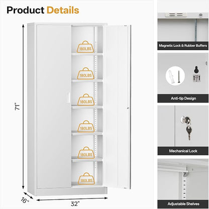 Metal Garage Storage Cabinets,71” Tall Metal File Cabinet with 5 Adjustable Shelves, Lockable Storage Cabinets for Office, Home, Garage, Warehouse 71" H x 32" W x 16" D (White)