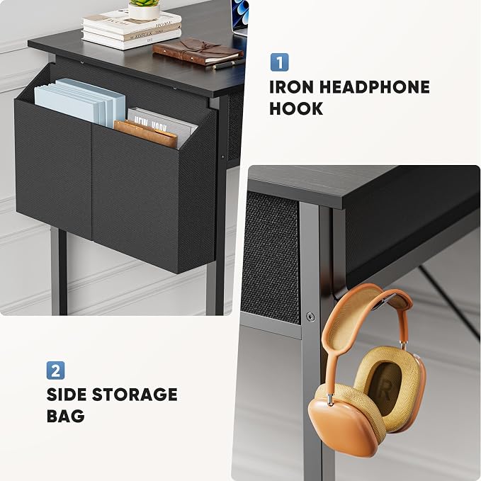 32" Small Gaming Desk with Drawers, Home Office Computer Writing Study Table with Storage Side Bag, Headphone Hook, and Adjustable Feet for Bedroom, Black