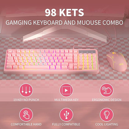 Pink Creamy Keyboard and Mouse Combo,MageGee GK980 Wired RGB Backlit Keyboard and Pink Gaming Mouse Combo,PC Keyboard and Adjustable Sensitivity Mouse for PC/loptop/MAC