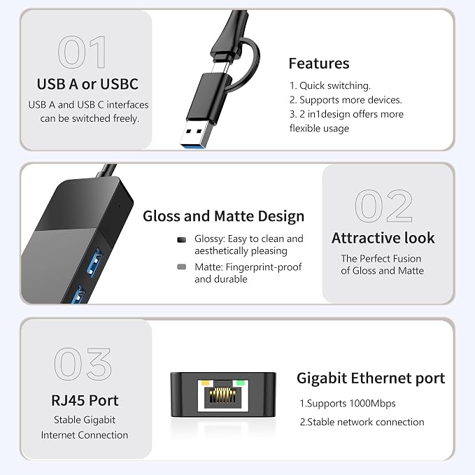 ALL-LUCKY USB to Ethernet Adapter, 4 in 1 USB C to Ethernet Adapter Hub with 3 x USB 3.0 Port/Gigabit Internet Port, High-Speed Network Hub Compatible for iMac,MacBook Pro