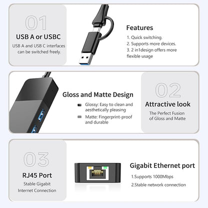 ALL-LUCKY USB to Ethernet Adapter, 4 in 1 USB C to Ethernet Adapter Hub with 3 x USB 3.0 Port/Gigabit Internet Port, High-Speed Network Hub Compatible for iMac,MacBook Pro