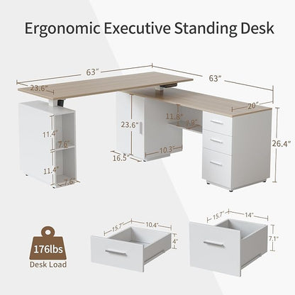 FEZIBO L-Shaped Standing Desk with Drawers and Shelves, Electric Standing Desk Adjustable Height, Executive Computer Desk 63 inch Light Walnut