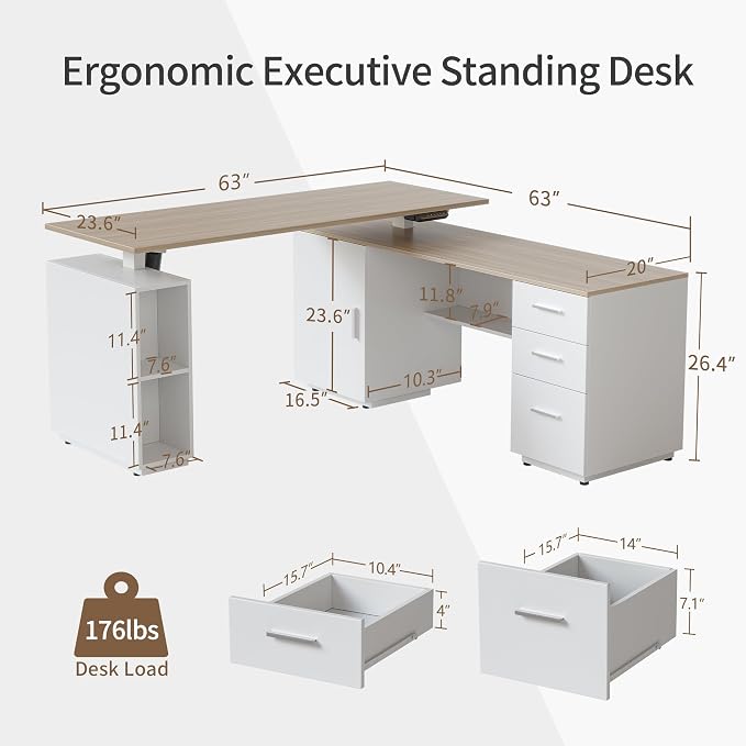 FEZIBO L Shaped Standing Desk, 63 inch Executive Standing Desk, Adjustable Height Desk with Storage Drawers for Home Office, Light Wood Grainy