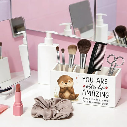 Positive Otter Pen Pencil Holder Desk Accessories Gifts for Women | Cute Otter Inspirational Pen Pencil Wooden Organizer Office Accessories Decorations for Dorm Room Bedroom Tabletop Desk Decor