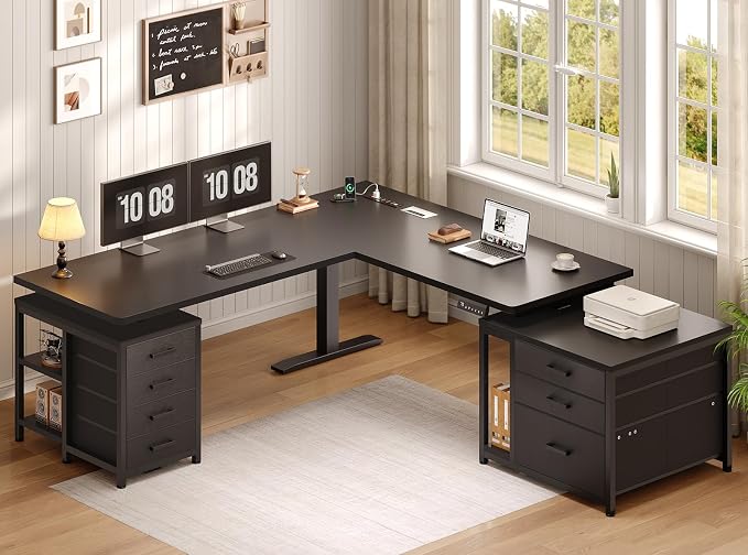SEDETA L Shaped Electric Standing Desk with 7 Drawers, 63"×55.1" Height Adjustable Stand Up Desk with Power Outlets, 28.3"-47.2" Sit Stand Desk with Storage Shelves, 3 Memory Presets, Black
