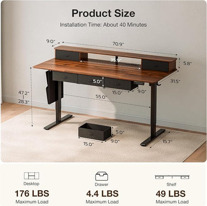 71x32″ Electric Standing Desk with 5 Drawers, Sit Stand Desk with Power Outlets, Monitor Shelf, RGB LED Lights and Cable Management, Height Adjustable 28.3"-47.2" for Home & Office, Walnut