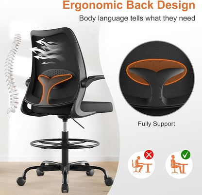 Tall Office Chair for Standing Desks,High Desk Drafting Chair with Adjustable Footrest Ring,Ergonomic Lumbar Support,Flip-Up Armrests for Home Office,Black