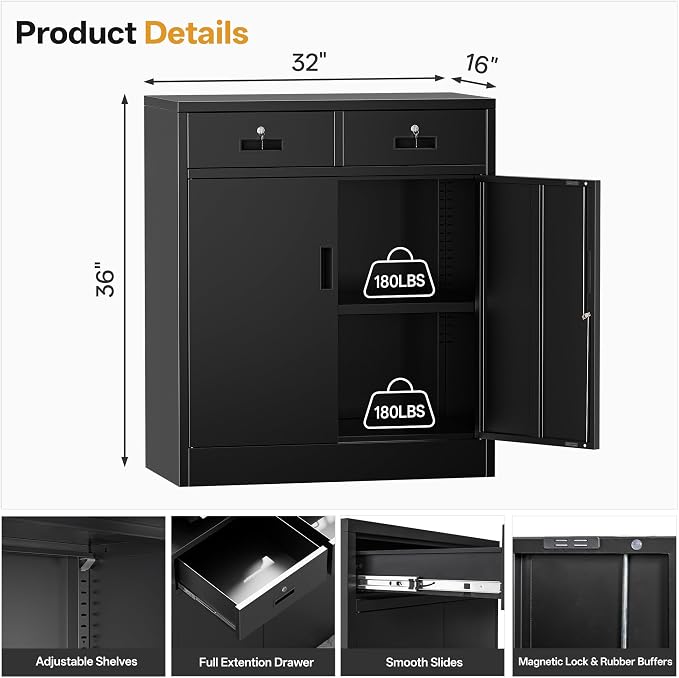 Metal Storage Cabinet, 36 Inch Tall Locking Cabinet with 2 Doors and 2 Drawers, Metal Cabinets with Adjustable Shelf, Garage Cabinets for Garage, Warehouse, Classroom, Home Office, Black