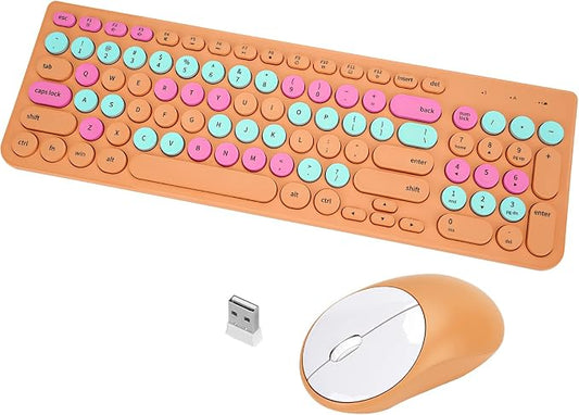 Wireless Keyboard and Mouse Combo, Retro Typewriter Keyboard with Round Keycaps, 2.4GHz USB Cute Wireless Keyboard Mouse for Computer, Desktop, Laptop and Computer (Orange Colorful)