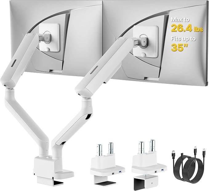 monTEK Dual Monitor Arm with USB, Mechanical Spring Desk Mount for 17 to 35 Inch Screens, Smooth Precision Bearings, Holds up to 26.4 lbs Per Arm, C-Clamp/Grommet Base, Perfect for Office Workspaces
