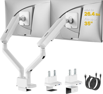 monTEK Dual Monitor Arm with USB, Mechanical Spring Desk Mount for 17 to 35 Inch Screens, Smooth Precision Bearings, Holds up to 26.4 lbs Per Arm, C-Clamp/Grommet Base, Perfect for Office Workspaces