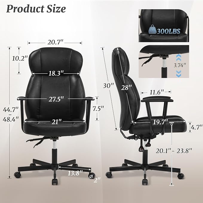 Cozyman Ergonomic PU Leather Home Office Chair, High Back Executive Desk Chair with 5-Layer Cushion, 95-135° Reclining Back, Lumbar Support, Adjustable Height, 360° Swivel for Home Office Task, Black