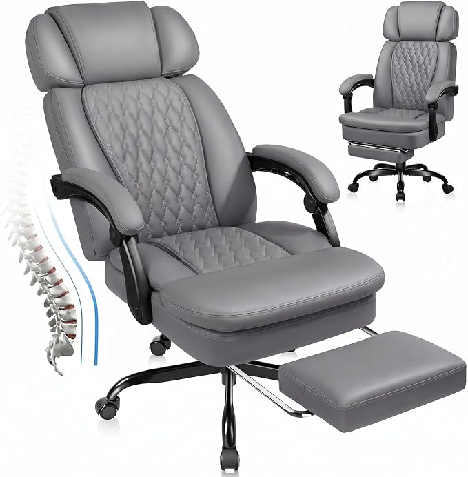 PRETZI Executive Office Chair 400LBS, Ergonomic Office Chair with Foot Rest, Heavy Duty Desk Chair for Home Office, Reclining High Back PU Leather Computer Chair Comfy, Gray