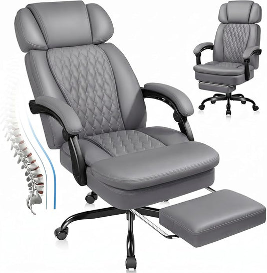 PRETZI Executive Office Chair 400LBS, Ergonomic Office Chair with Foot Rest, Heavy Duty Desk Chair for Home Office, Reclining High Back PU Leather Computer Chair Comfy, Gray