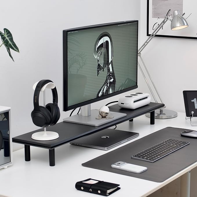 Bamboo Dual Monitor Stand Riser with Underneath Storage, Ergonomic Desk Shelf Supports PC Computer Monitor, Printer, TV for Home, Office, Black