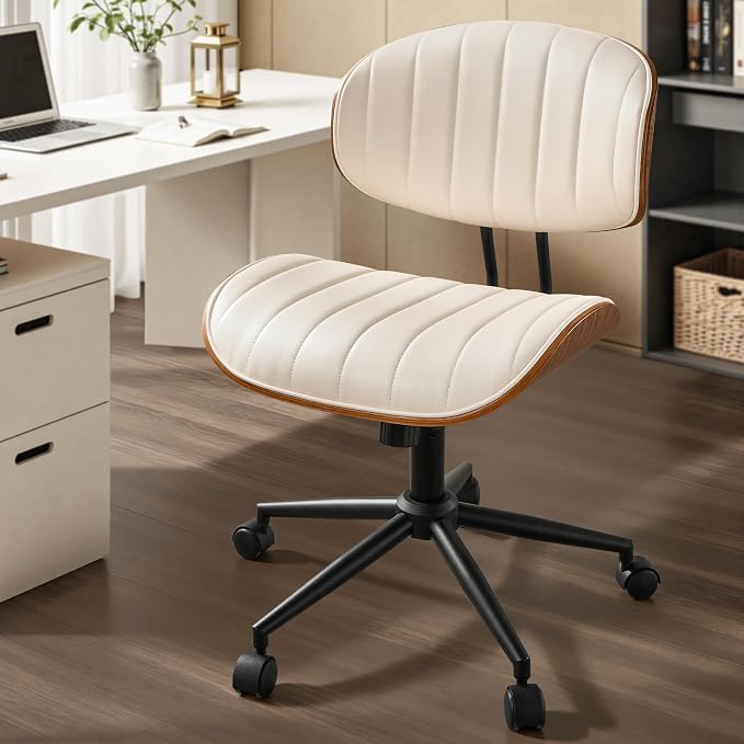 ovios Home Office Chair with Wheels, Modern PU Leather Swivel Computer Desk Chair, Mid Back Adjustable Height Armless Walnut Chairs for Office (White Stripes)