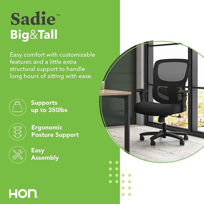 HON Sadie Big and Tall Ergonomic Office Chair with Mesh Back, Adjustable Lumbar Support and Arms, High Back Desk and Computer Chair for Home Office or Workstation, 350 lb. Weight Capacity, Black