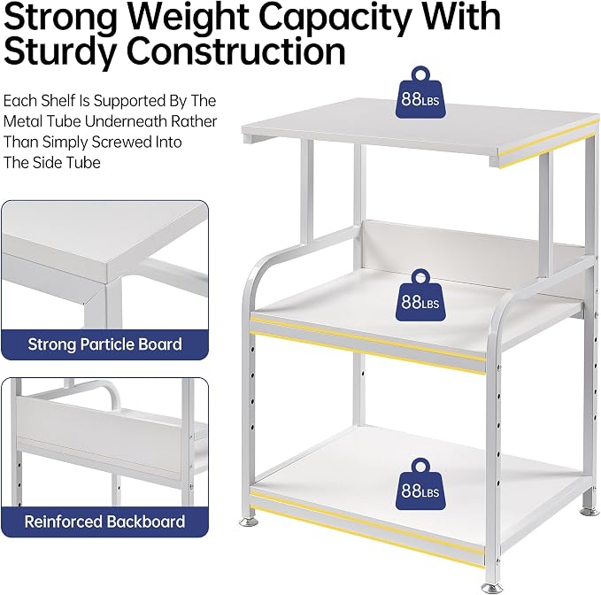 Fannova White Printer Stand with Storage, 3 Tier Printer Table with Height Adjustable Shelf, Rolling Printer Cart with Wheels for Home Office Organization