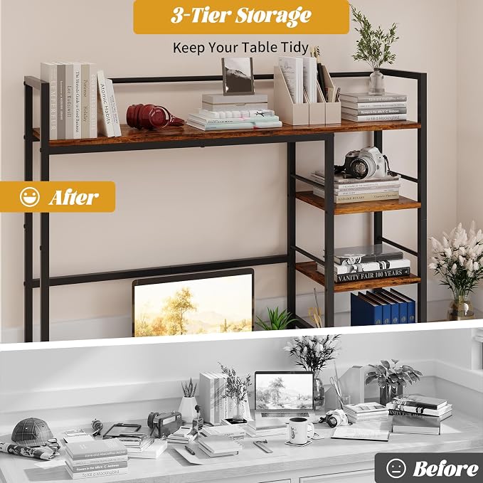 HavenlyYouth Desk Shelf, 38.6 Inch Wood Desk Organizer Shelf for Computer Monitor, Desk Hutch Storage, Desktop Shelf for Top of Desk, 3 Tier Desktop Bookshelf for Home Office Dorm, Rustic