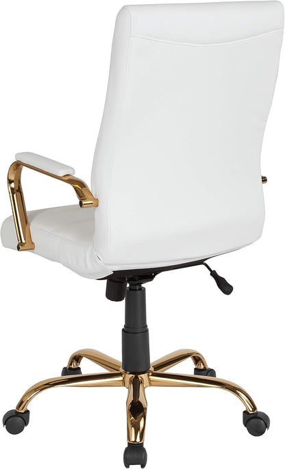 EMMA + OLIVER Faux Leather High-Back Swivel Home Office Desk Chair with Wheels, Padded Seat, and Armrests, Adjustable Height Multipurpose Office Chair, White/Gold