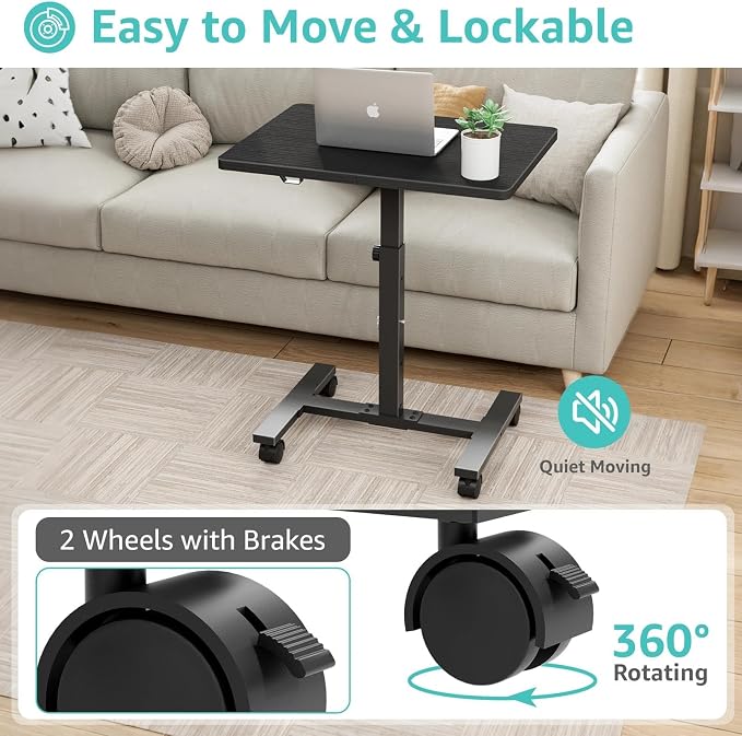 WINAZ Small Portable Laptop Rolling Desk - 24 Inch Mobile Computer Desk Adjustable Height with Wheels for Small Spaces Home Office, Kids Couch Desks Side End Table, Black