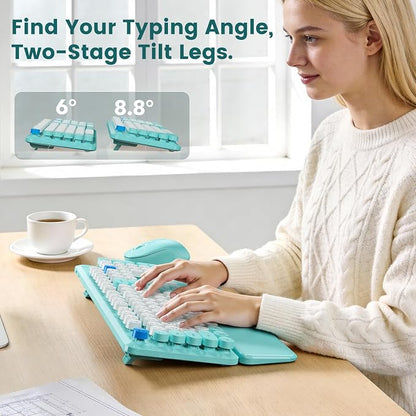 Wireless Keyboard and Mouse Combo with Magnetic Wrist Rest, Round Keycaps, Full-Size Retro Typewriter-Style Keyboard, Two-Stage Tilt Legs, Auto-Sleep, 2.4GHz Wireless for Windows PC Laptop, Aqua Blue