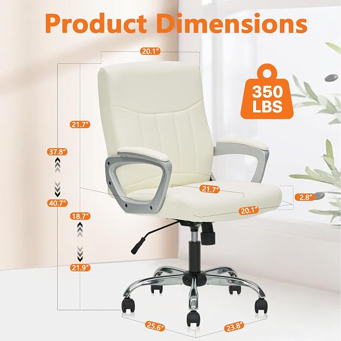 CLATINA Leather Office Executive Chair with Lumbar Support and Padded Armrestes, Swivel Rolling Ergonomic Mid Back Computer Task Desk Chair for Home, Conference, Waiting Room, White