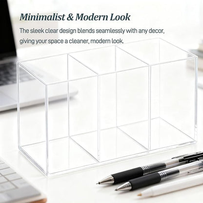 Clear Acrylic 3-Section Pen Organizer Caddy, Desktop Storage Holder for Office Supplies, Utensils, Makeup, and Home Use