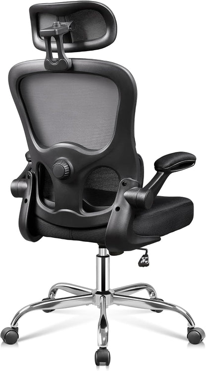 DEVAISE Ergonomic Mesh Desk Chair, Separated-Adjustable Lumbar Support，Large Cushion, Flip-up Armrests, 90-125° Rocking Tilt, for Home Office Computer Gaming, Black