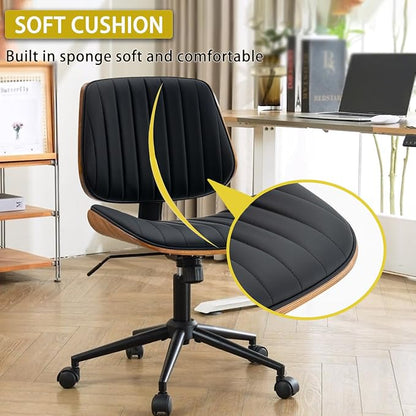 Modern Home Office Desk Chair with Wheels, PU Leather Swivel Computer Chair Armless Upholstered Cirss Cross Vanity Chair for Home Office, Meeting, Reading, Black