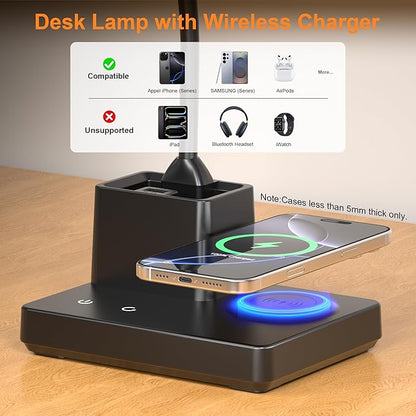 Desk Lamp, Table Lamp with Wireless Charger & USB Port, 800LM CRI95 3 Color Modes Dimmable Touch Flexible Arm Pen Holder, LED Desk Lamps for Home Office, College Dorm Room, Adapter Included