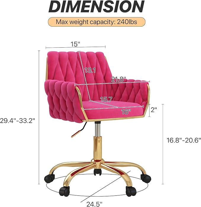 Velvet Home Office Chair, Modern Height-Adjustable Vanity Chair with Golden Base and Hand-Woven Backrest for Bedroom/Study/Vanity (Hot Pink)