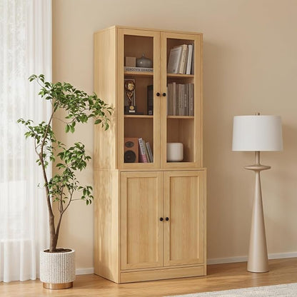 TUSY 71'' Bookshelf with Doors - 5 Tier Freestanding Tall Bookcase, Modern Storage Cabinet for Home Office, Curio Cabinets with Glass Door for Living Room, Bedroom (1, Wood)