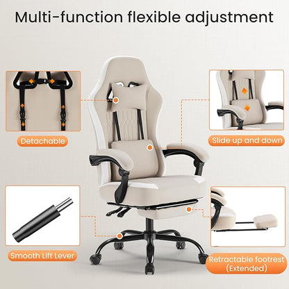 Sweetcrispy Computer Gaming Chair: High Back Ergonomic Desk Chair with Footrest and Lumbar Support, Height Adjustable with Linkage Armrests and Headrest, 360°Wheels, Fabric, Khaki